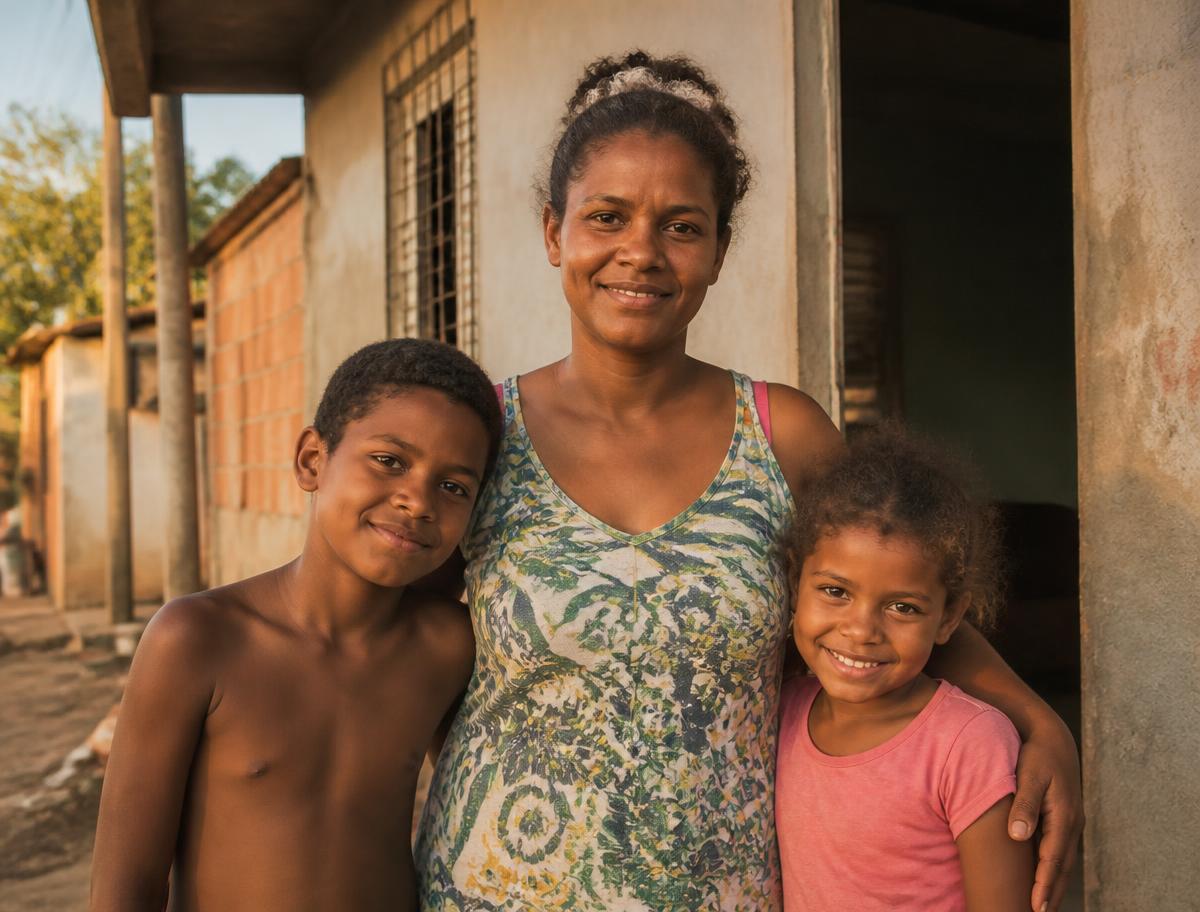 Mãe e dois filhos em frente à casa da família