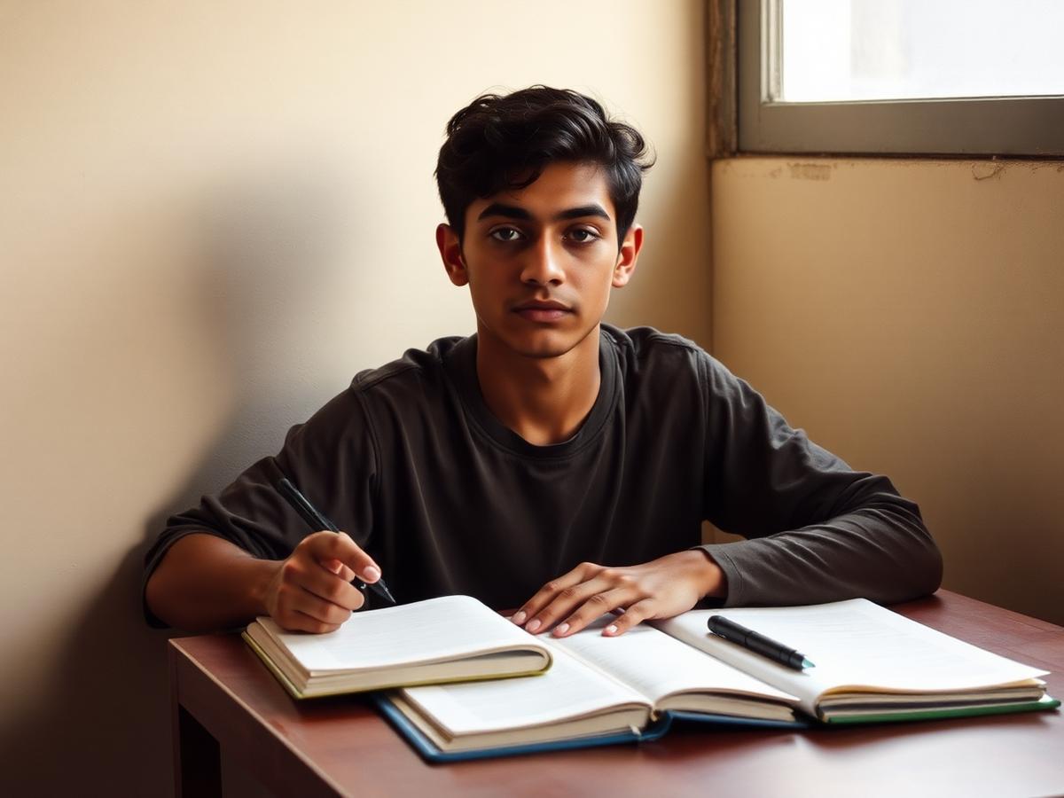 Lucas, 19 anos, estudando com cadernos abertos perto da janela